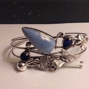 Blue Sapphire Owhyee Blue Opal Stamped 925 Sterling Silver Cuff Bracelet